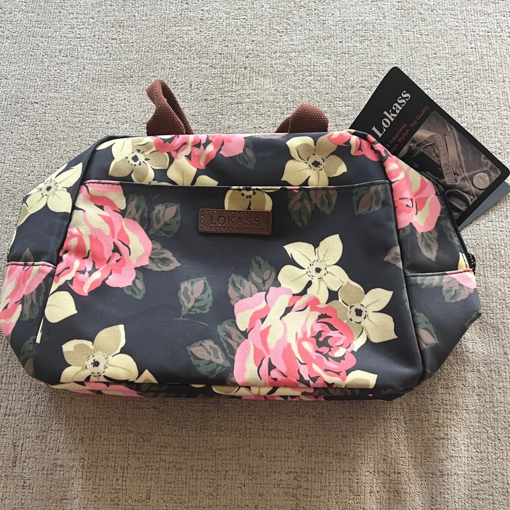 Lokass Floral Insulated Lunch Bag Navy Pink Rose Print Tote Handbag NEW